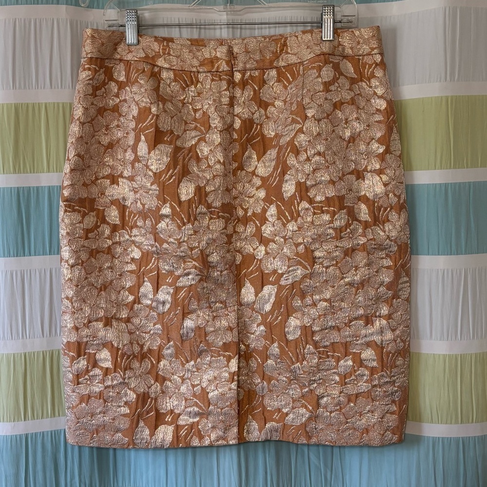Talbots Pencil Skirt Brocade Metallic Peach Pink Gold Sz 12 - Picture 4 of 9